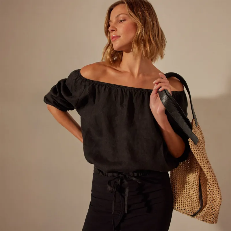 Linen Gathered Blouse - Black sold by James Perse