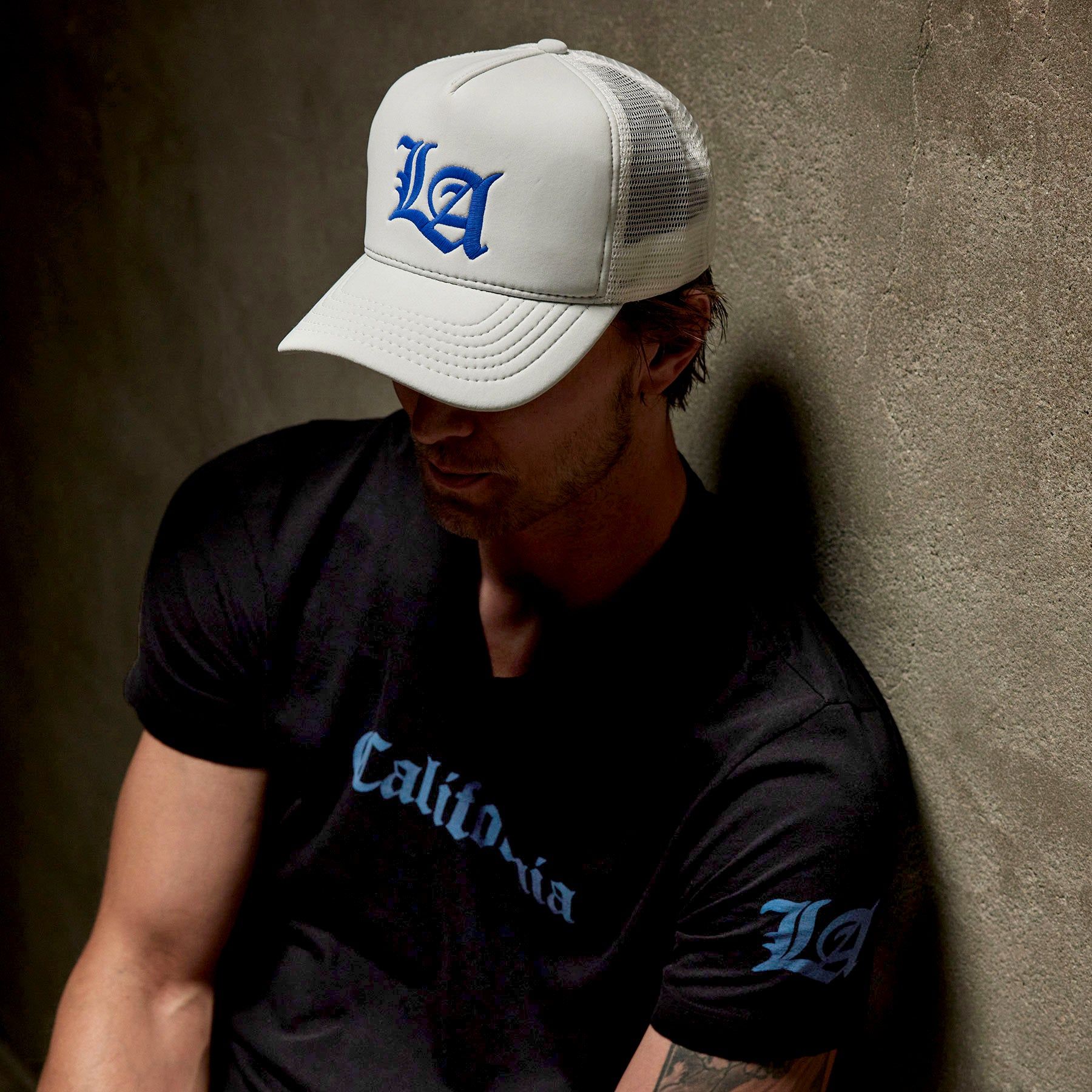 LA Embroidered Scuba Trucker Hat - White/Baltic Blue sold by James Perse