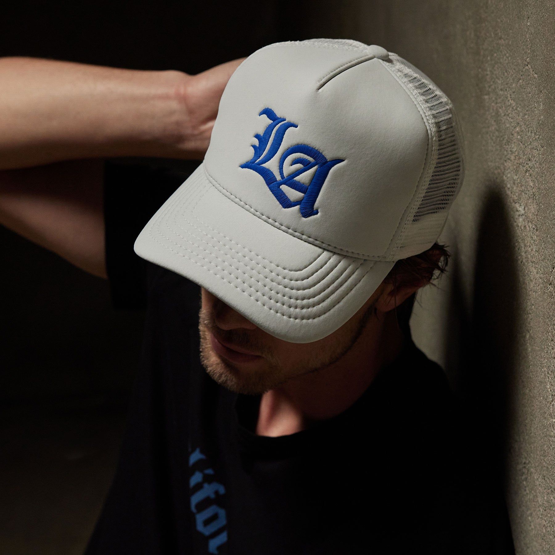 LA Embroidered Scuba Trucker Hat - White/Baltic Blue | Parallel