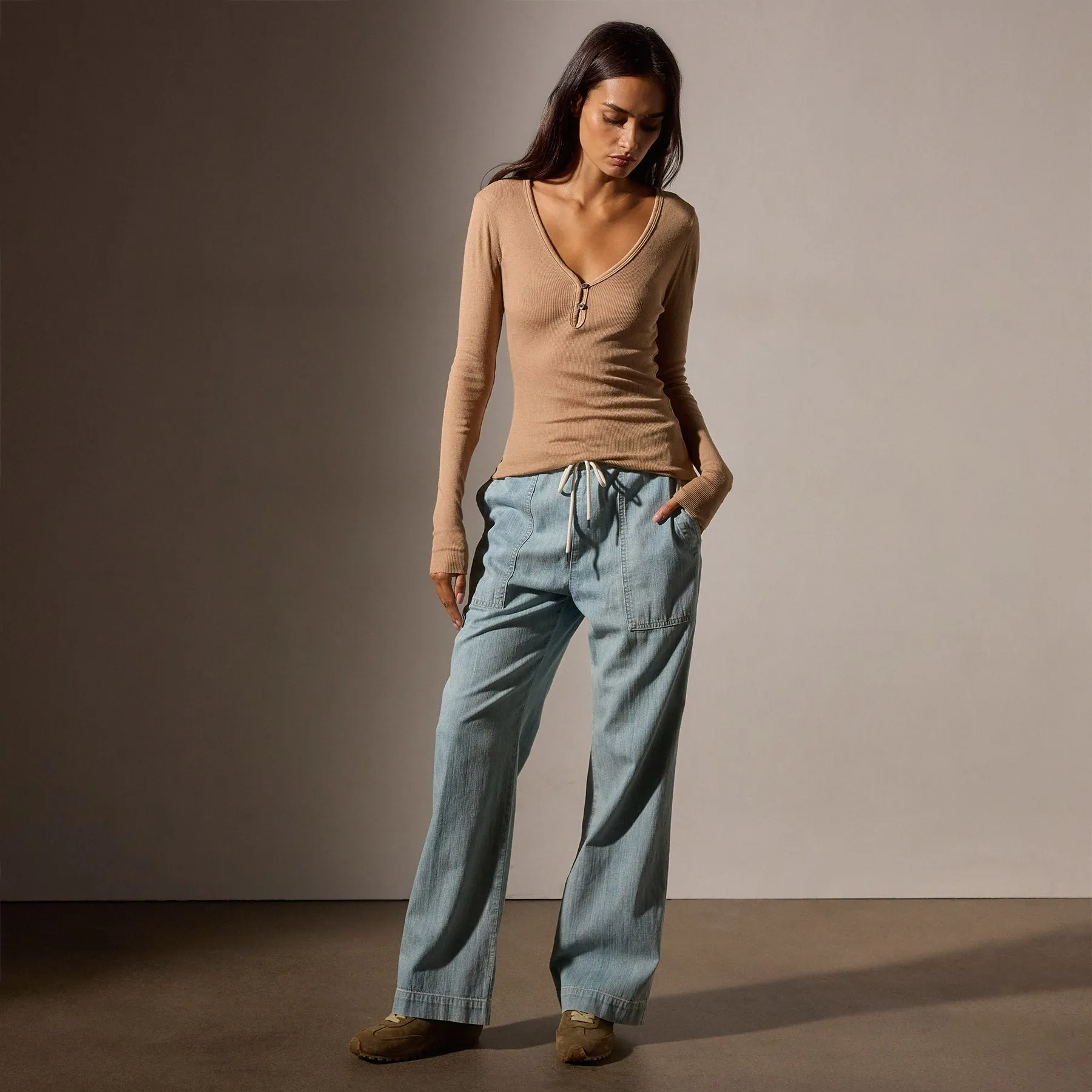 Cotton Cashmere Blend Ribbed Henley - Vicuna sold by James Perse product image thumbnail 3