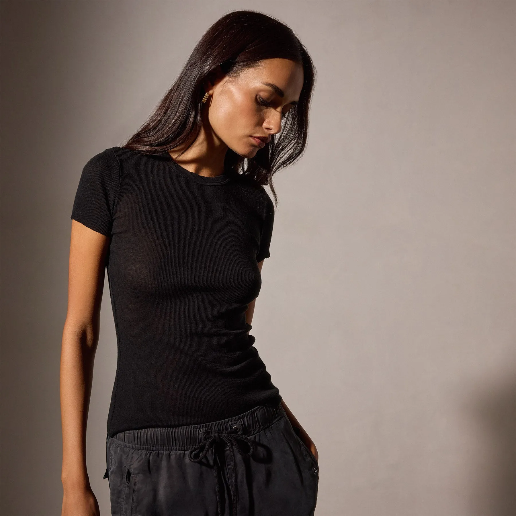 Cotton Cashmere Blend Ribbed Crew - Black sold by James Perse