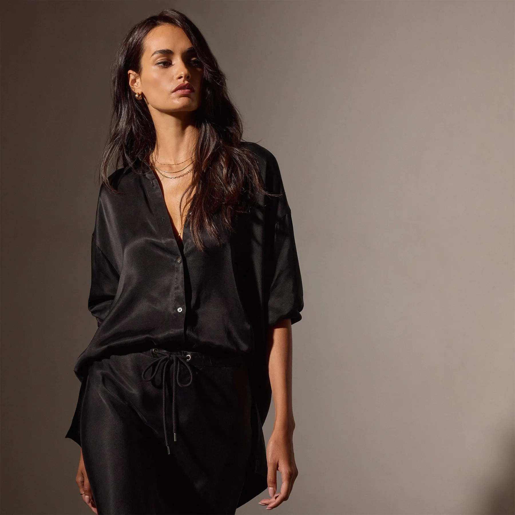 Satin Oversized Shirt - Black sold by James Perse