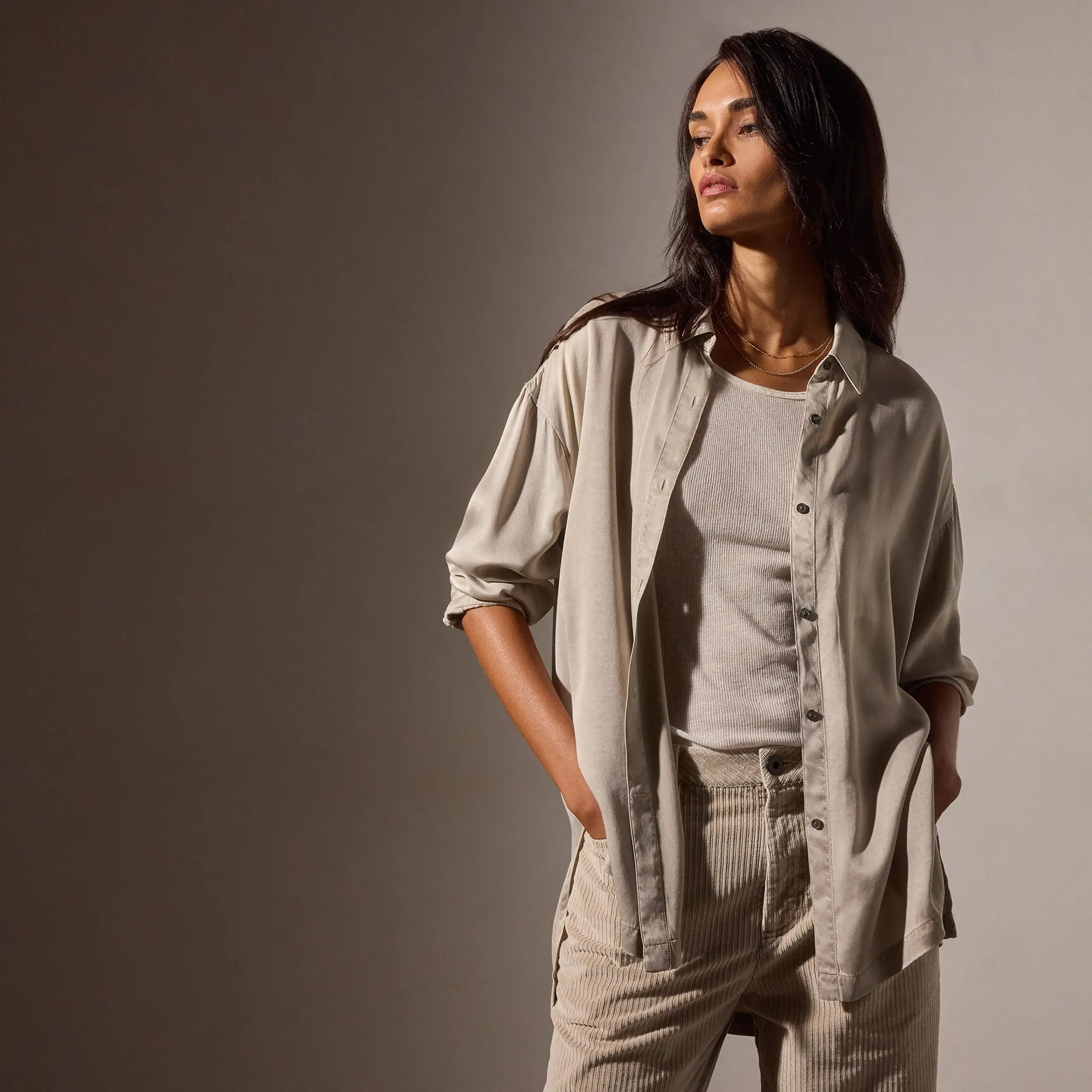 Satin Oversized Shirt - Putty Pigment sold by James Perse