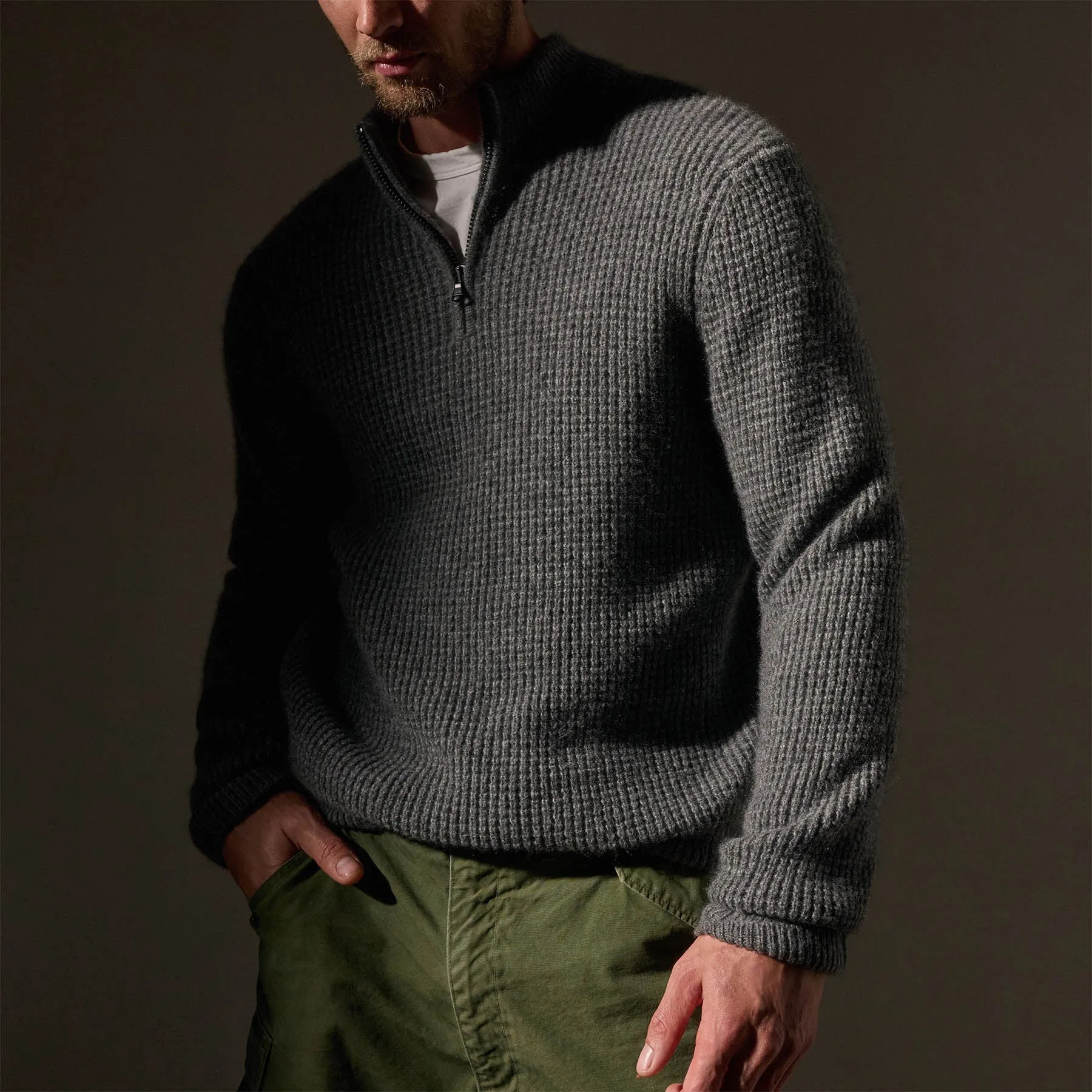 Lightweight Textured Cashmere Waffle Half Zip - Thunder sold by James Perse product image thumbnail 5