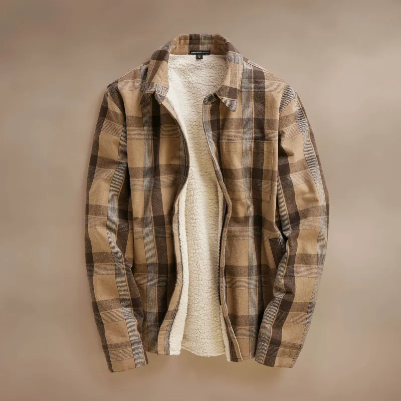 Zip Front Sherpa Lined Plaid Jacket - Tan/Brown sold by James Perse