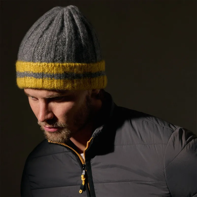 Cashmere Stripe Rib Beanie - Thunder/Straw sold by James Perse
