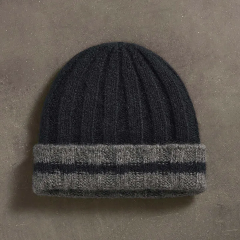 Cashmere Stripe Rib Beanie - True Black/Thunder sold by James Perse