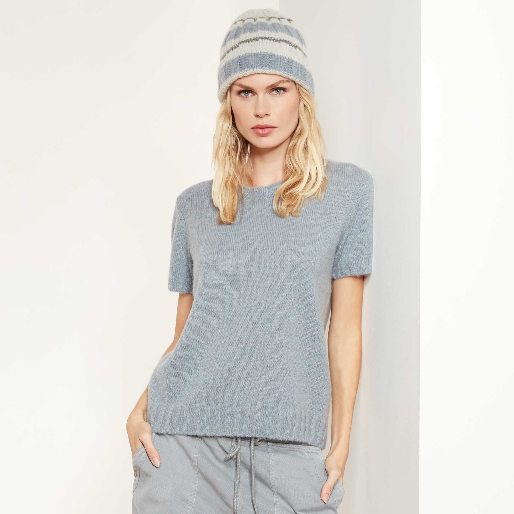 Lightweight Cashmere Short Sleeve Sweater - Dusty Sky sold by James Perse