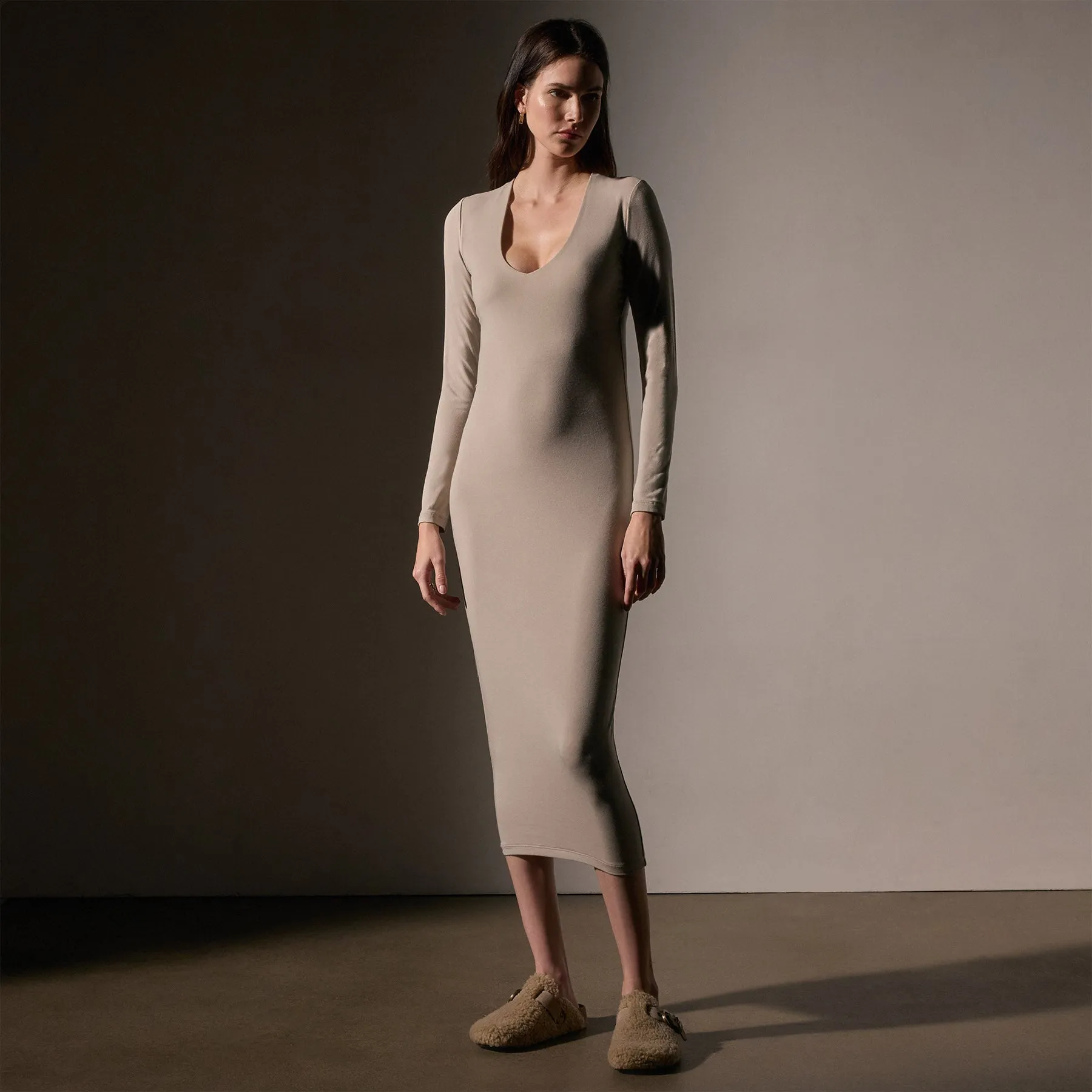 Stretch Lotus Deep V Dress - Tan sold by James Perse product image thumbnail 3