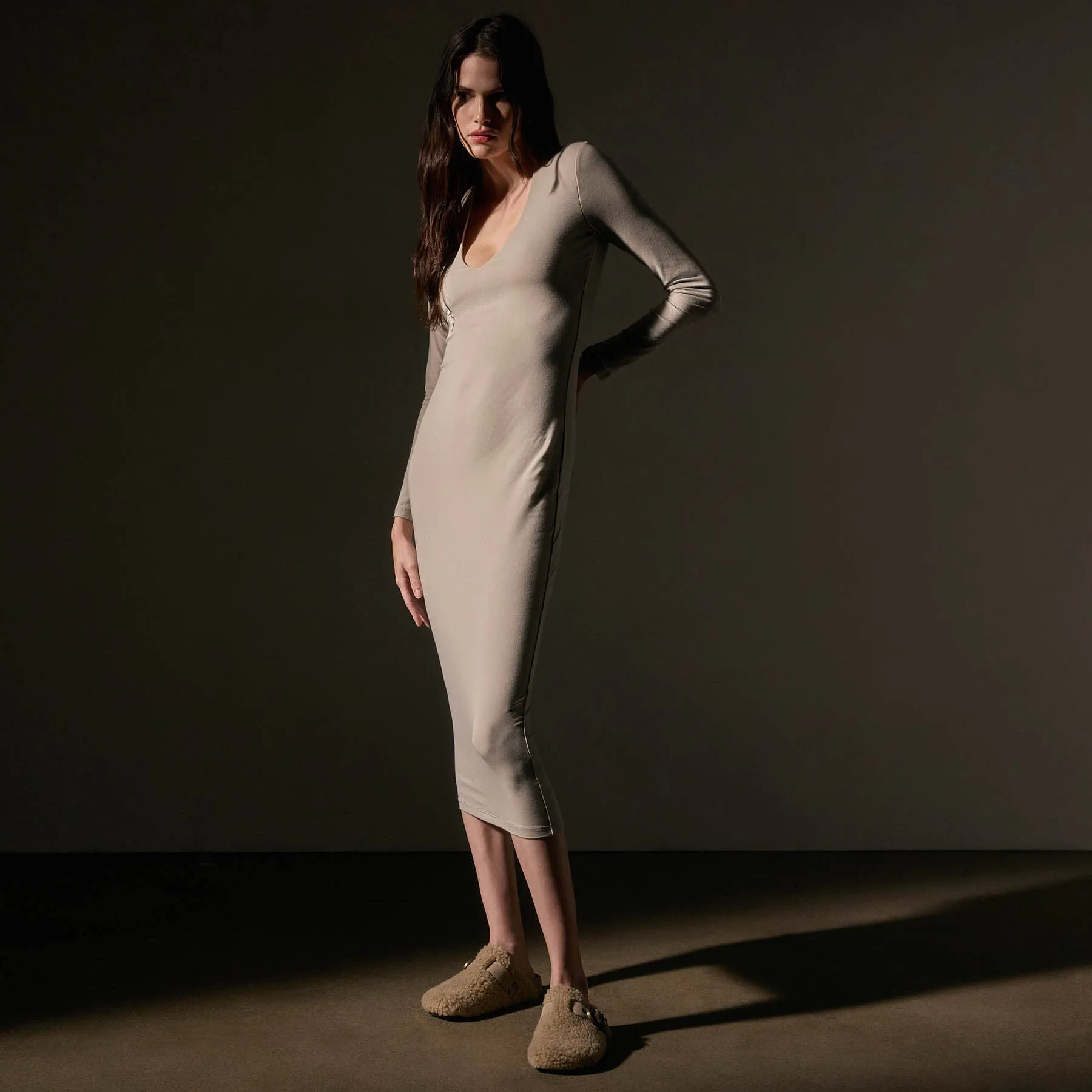 Stretch Lotus Deep V Dress - Tan sold by James Perse