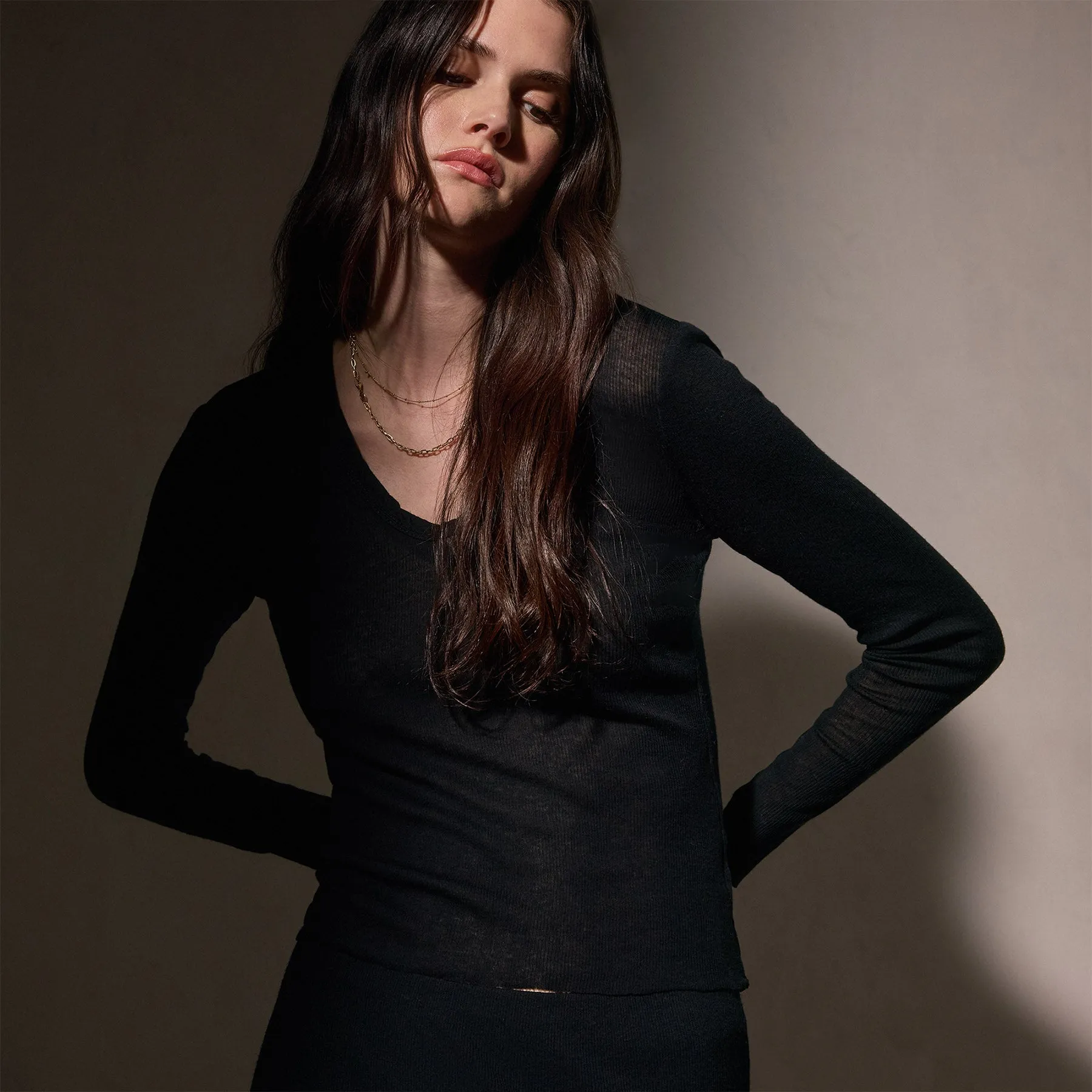 Cotton Cashmere Blend Deep V Tee - Black sold by James Perse