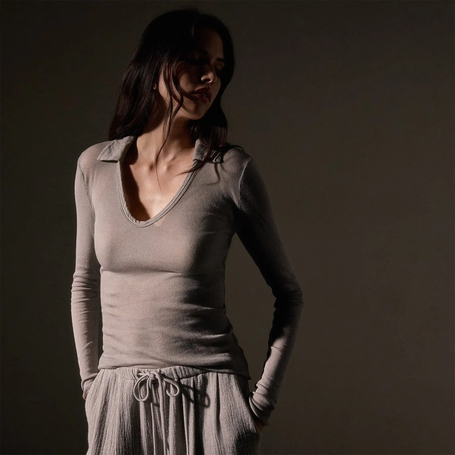 Cotton Cashmere Rib Open Polo - Dapple sold by James Perse