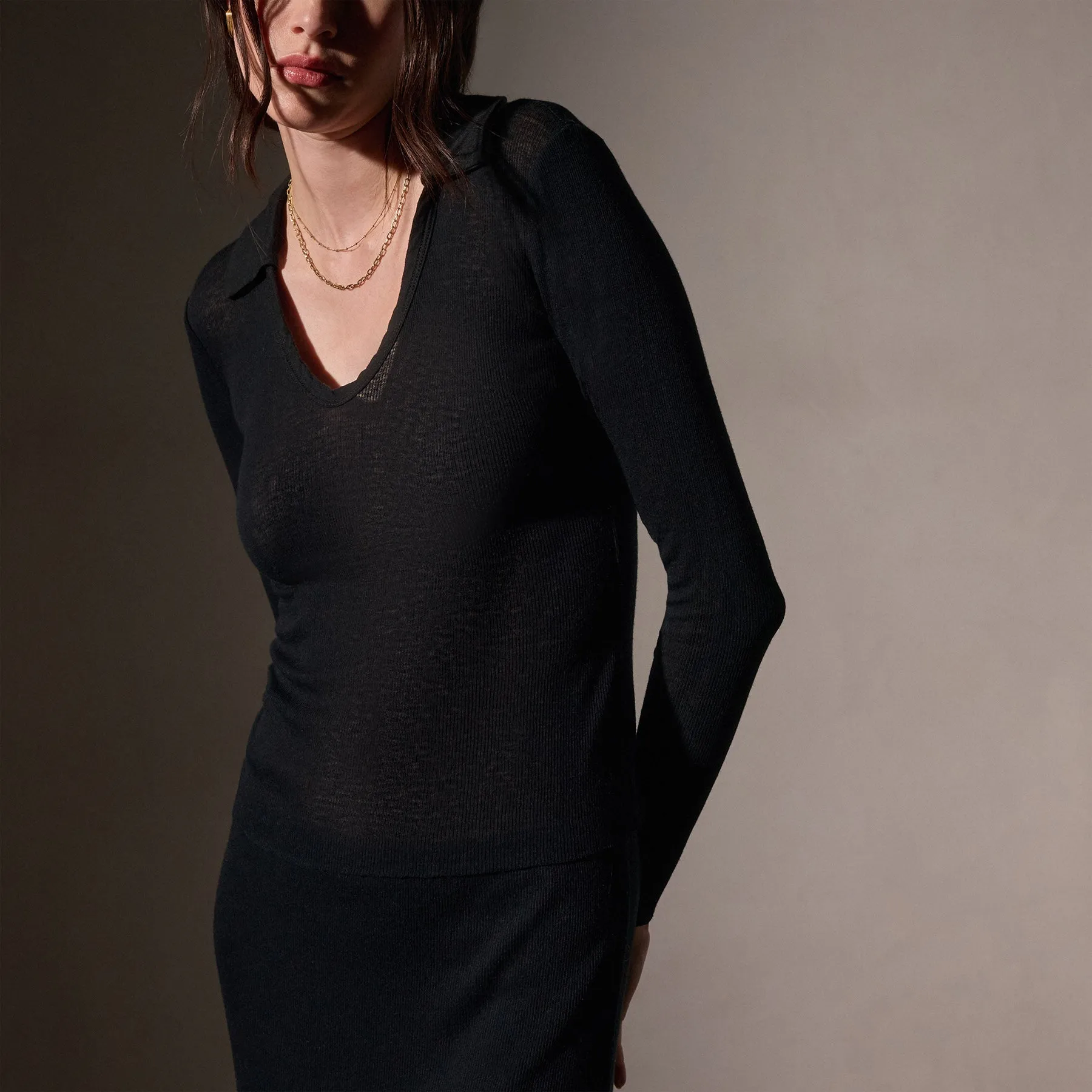 Cotton Cashmere Rib Open Polo - Black sold by James Perse