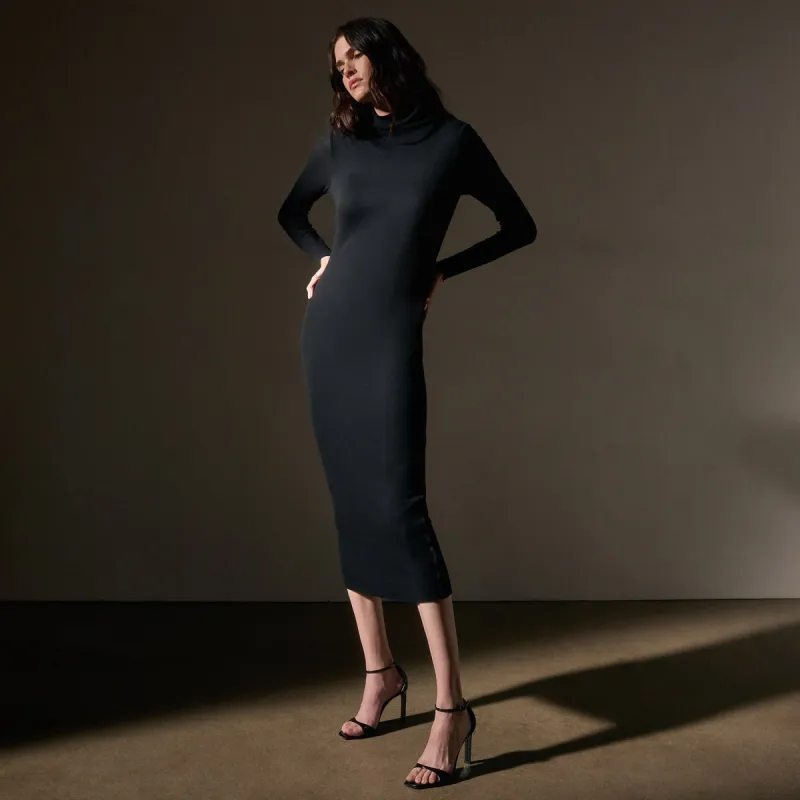 Cotton Cashmere Blend Rib Funnel Neck Dress - Black sold by James Perse