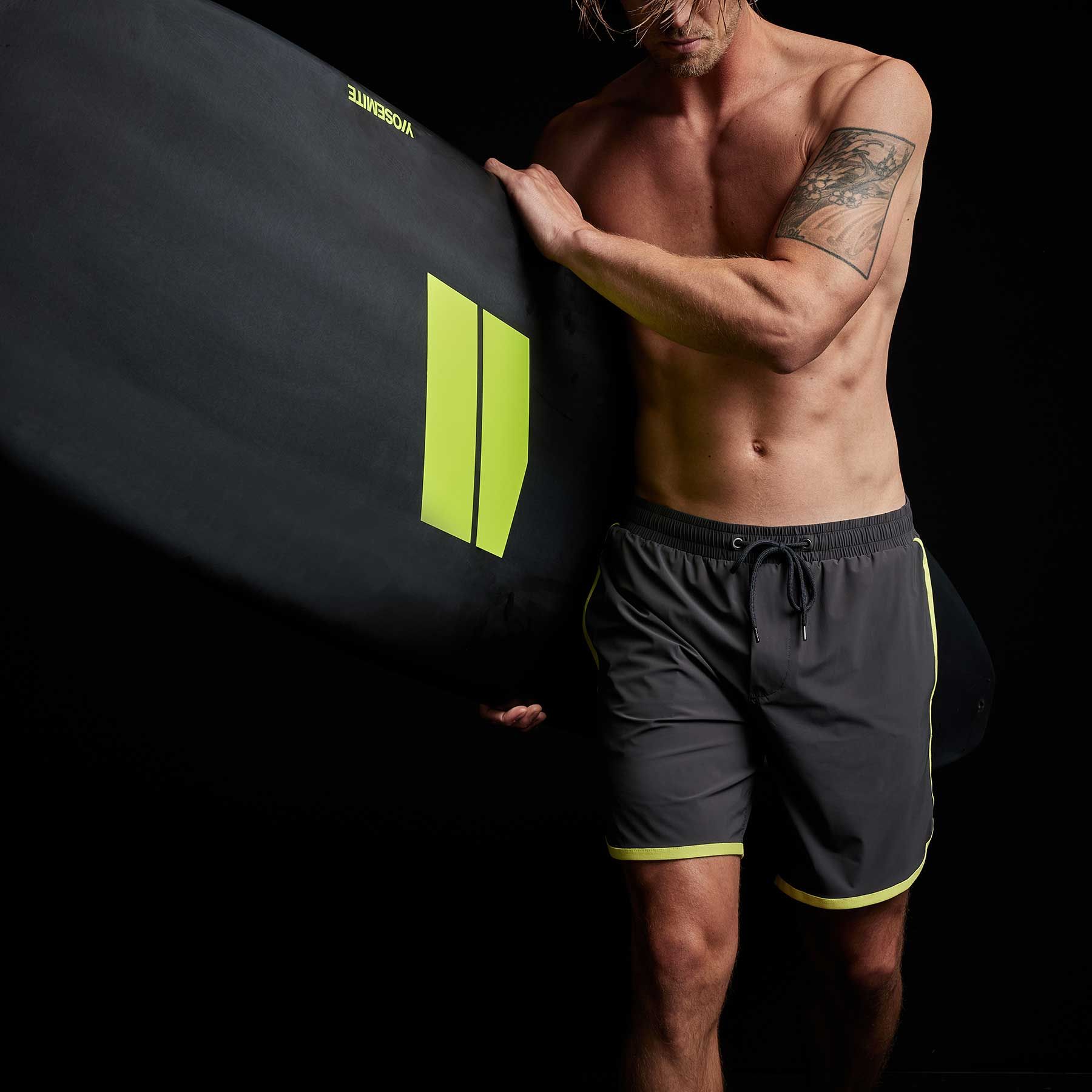Y/OSEMITE Curved Hem Board Short - Carbon/Neon sold by James Perse