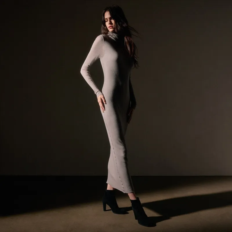 Cotton Cashmere Blend Rib Funnel Neck Dress - Dapple sold by James Perse