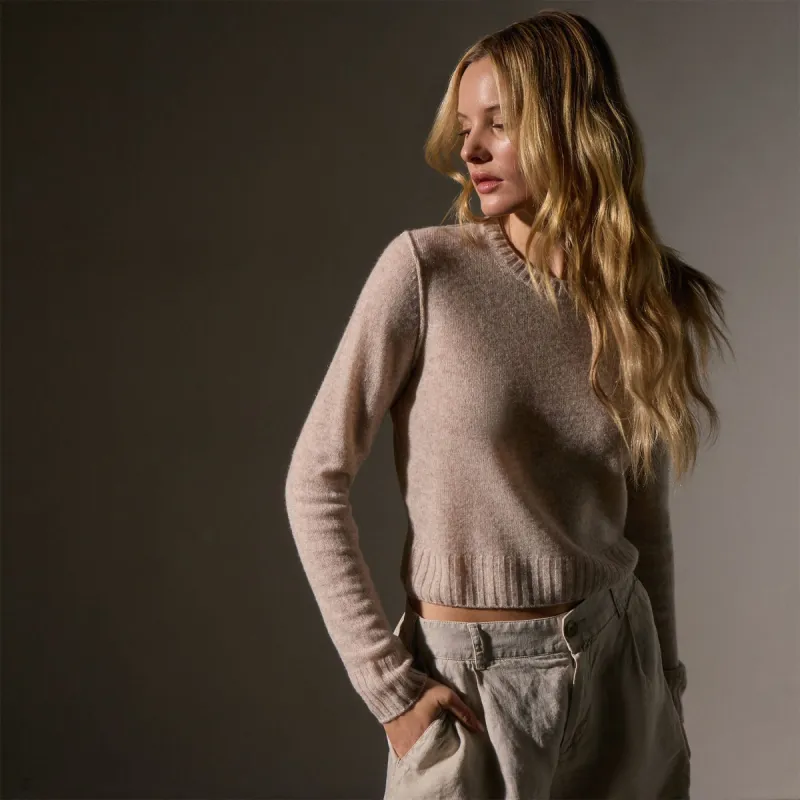 Soft Featherweight Cashmere Cropped Sweater - Light Beige sold by James Perse