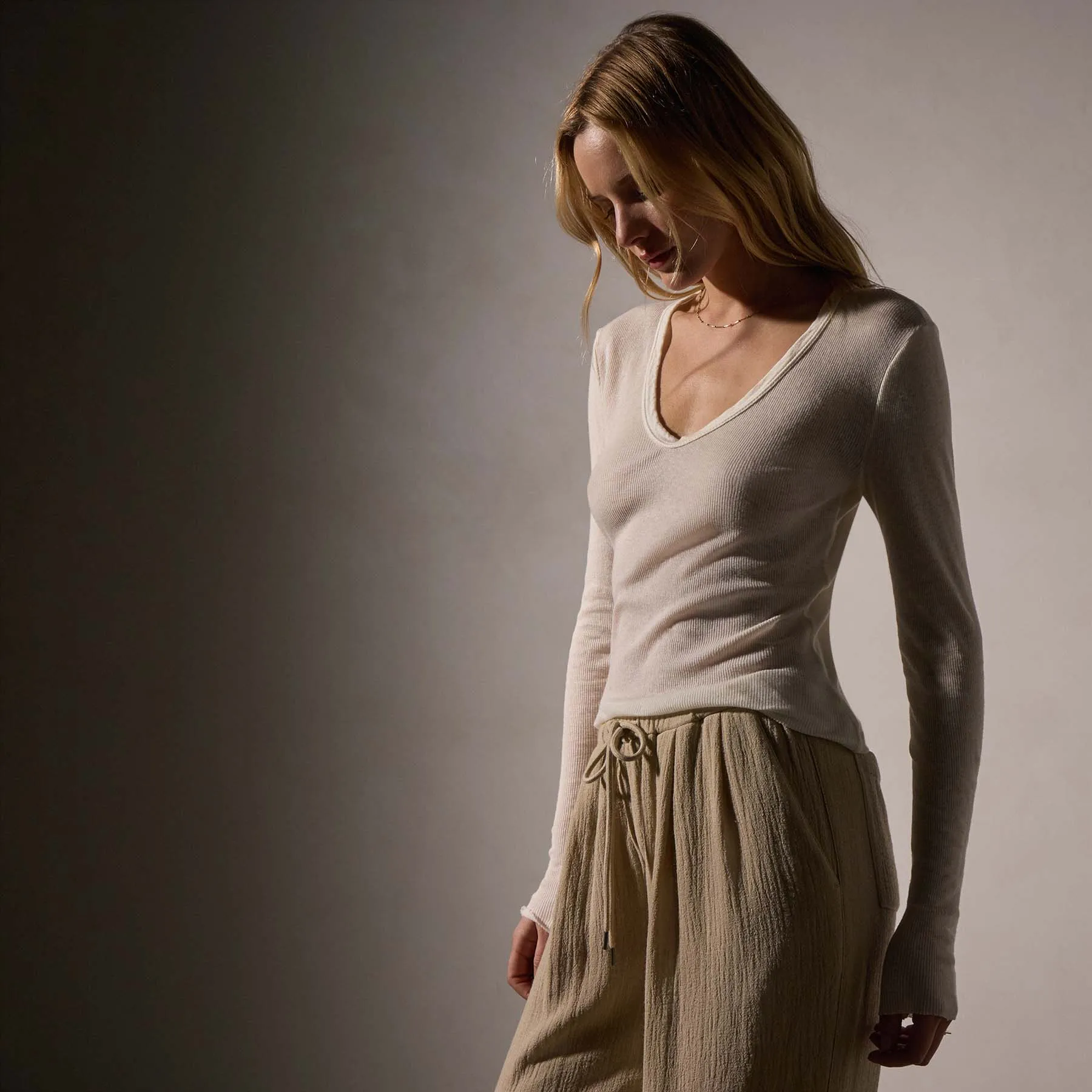 Cotton Cashmere Blend Deep V Tee - Ivory sold by James Perse