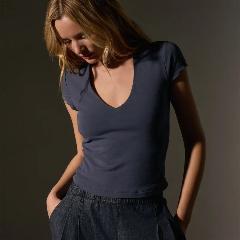 Stretch Lotus Deep V Short Sleeve Tee - Blue Noir sold by James Perse