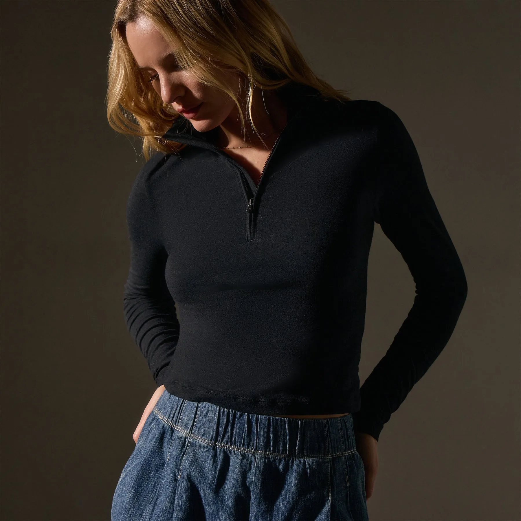 Cropped Long Sleeve Half Zip - Black sold by James Perse