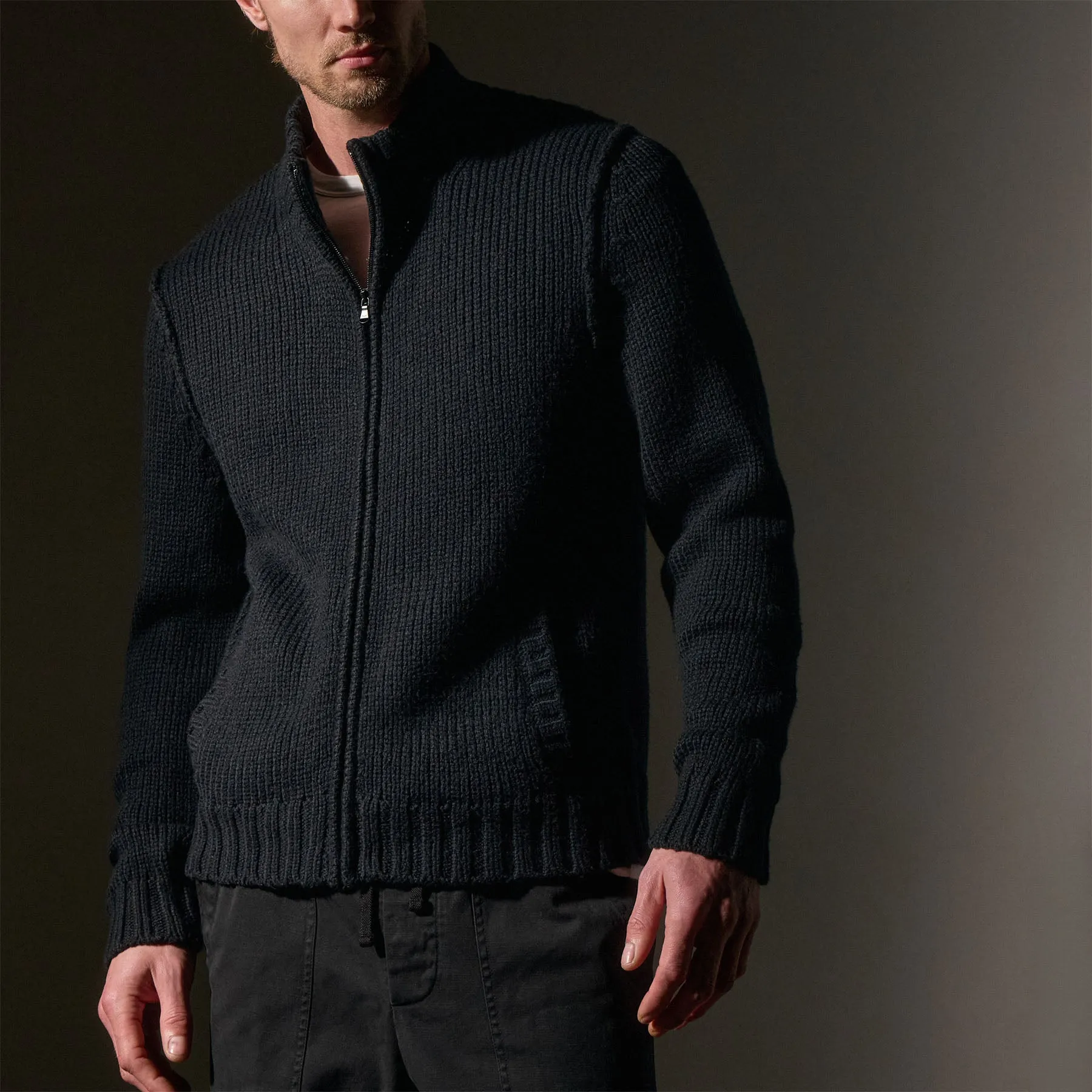 Cotton Knit Zip Up Sweater - Black sold by James Perse
