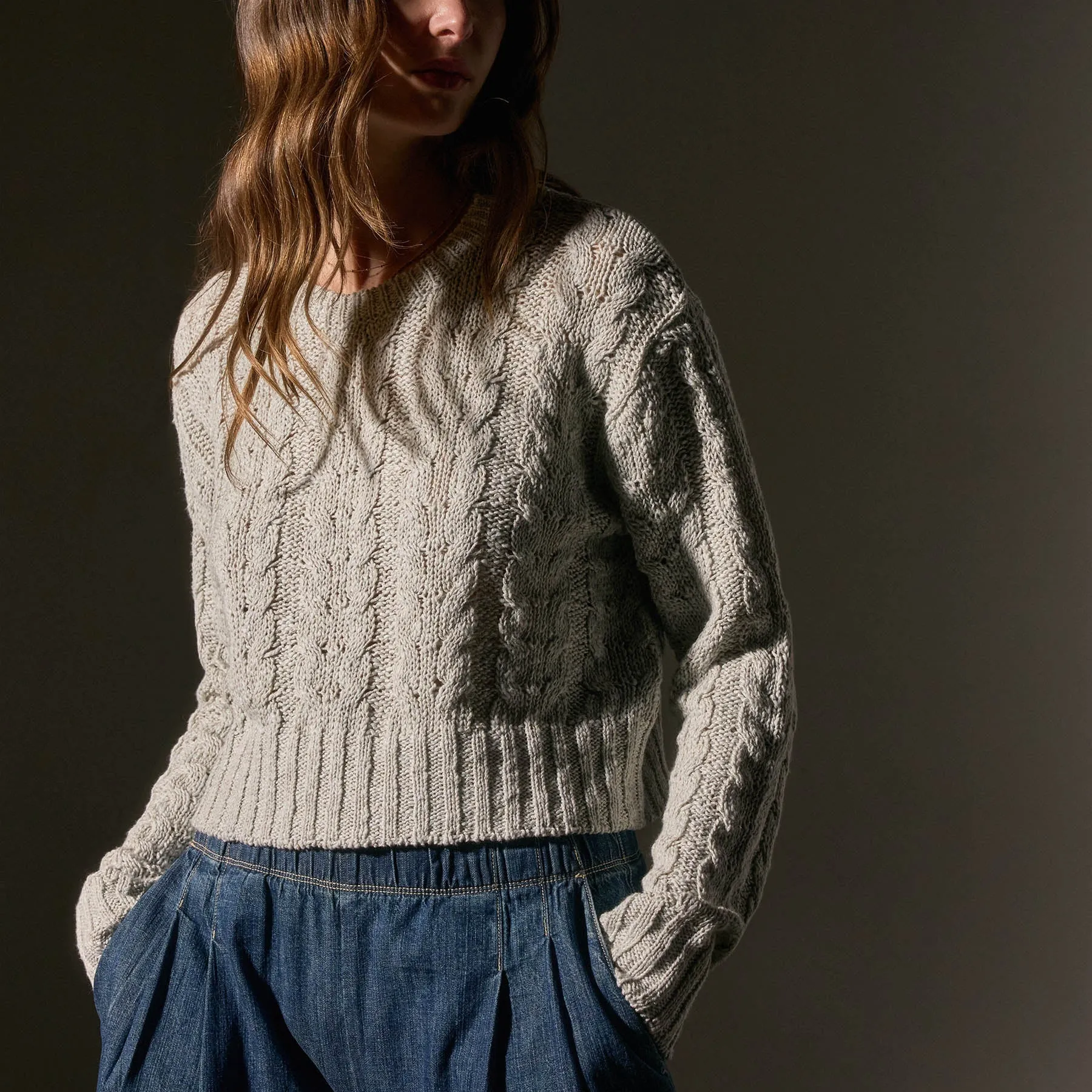 Cotton Linen Chunky Cable Knit Sweater - Foam sold by James Perse