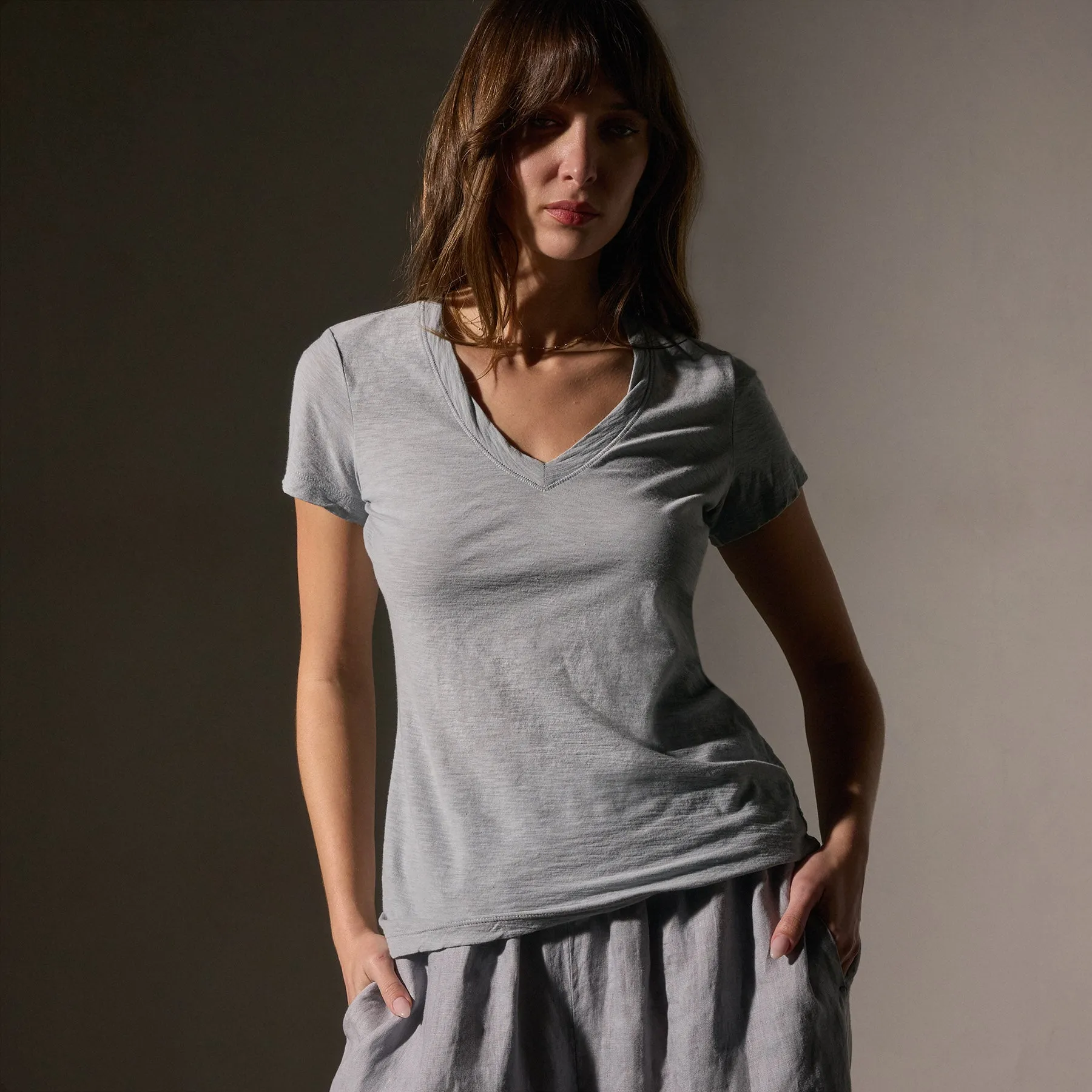 Sheer Slub Casual V Neck - Grey Sky sold by James Perse