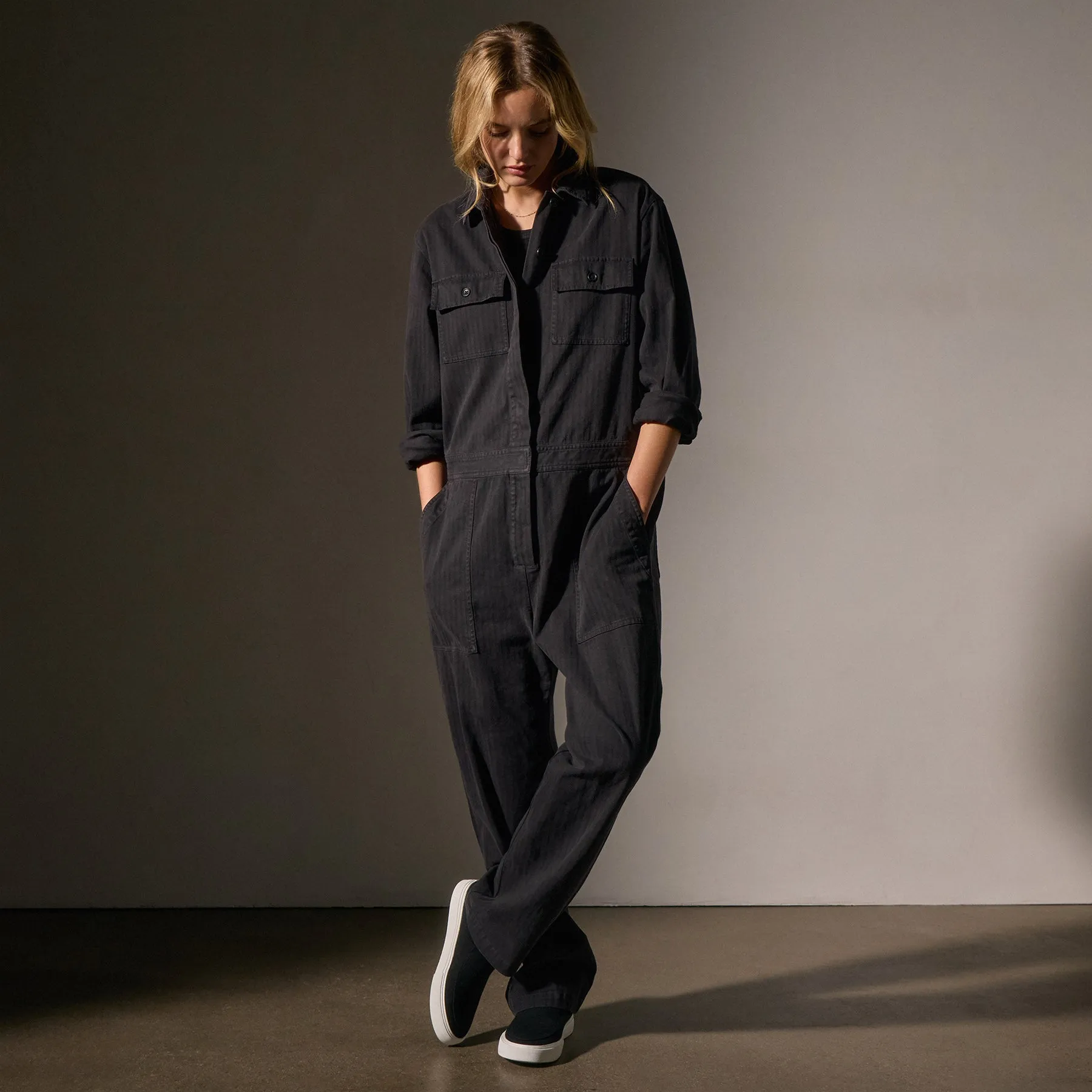 Stretch Herringbone Overalls - Black sold by James Perse