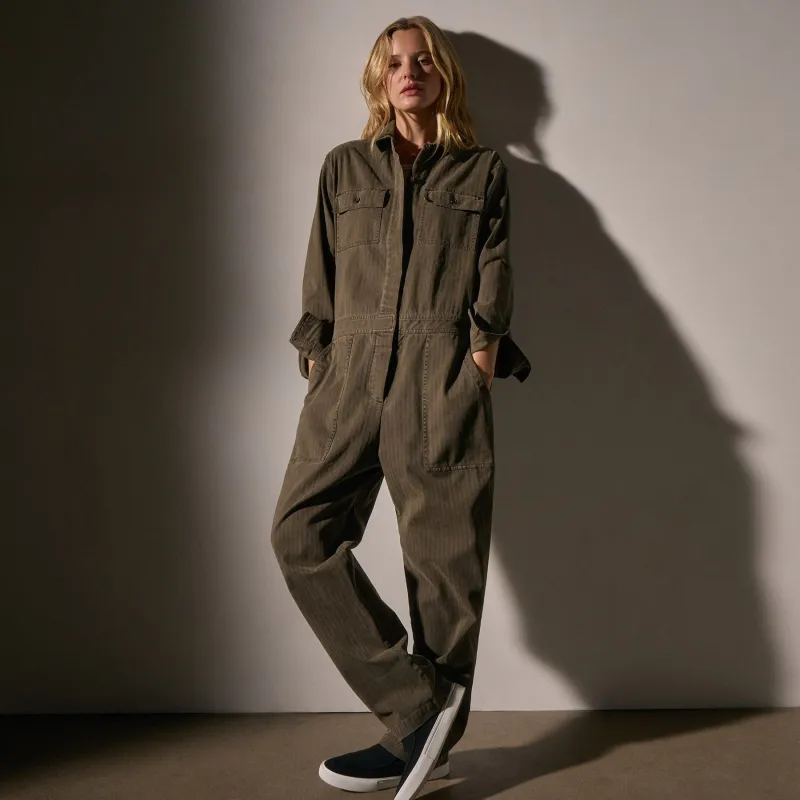 Stretch Herringbone Jumpsuit - Army Green Pigment sold by James Perse