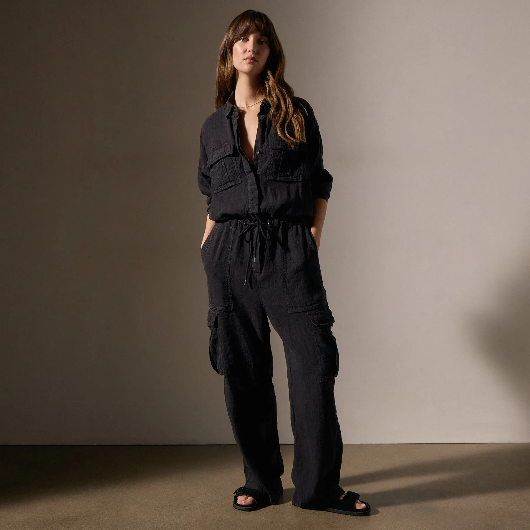 Textured Linen Viscose Jumpsuit - Black sold by James Perse