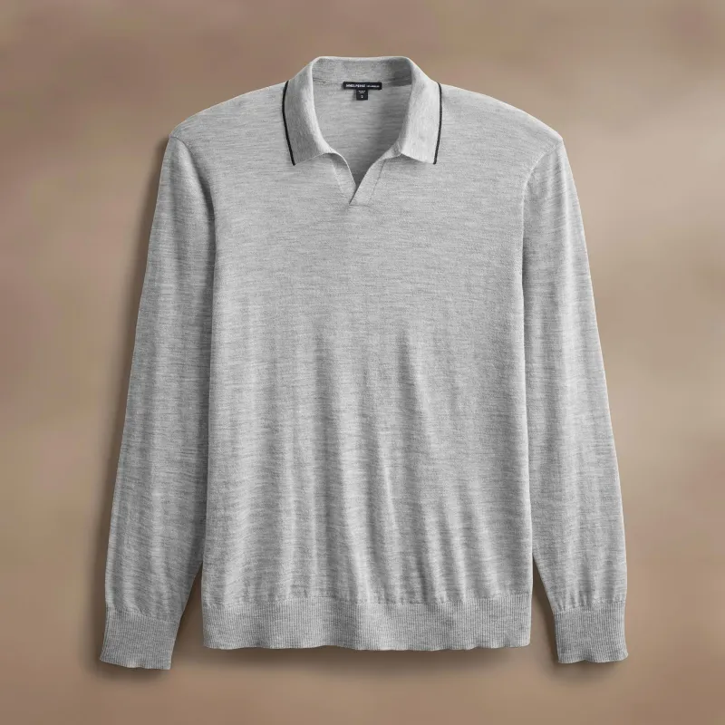 Ultrafine Cashmere Tipped Open Polo - Light Heather Grey/Coal sold by James Perse