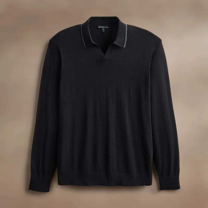 Ultrafine Cashmere Tipped Open Polo - Black/Charcoal sold by James Perse