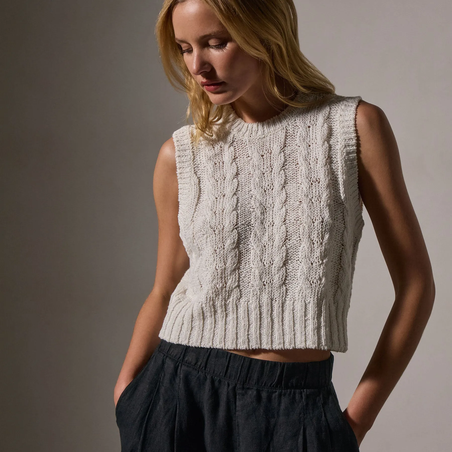 Cotton Linen Cable Knit Vest - White sold by James Perse