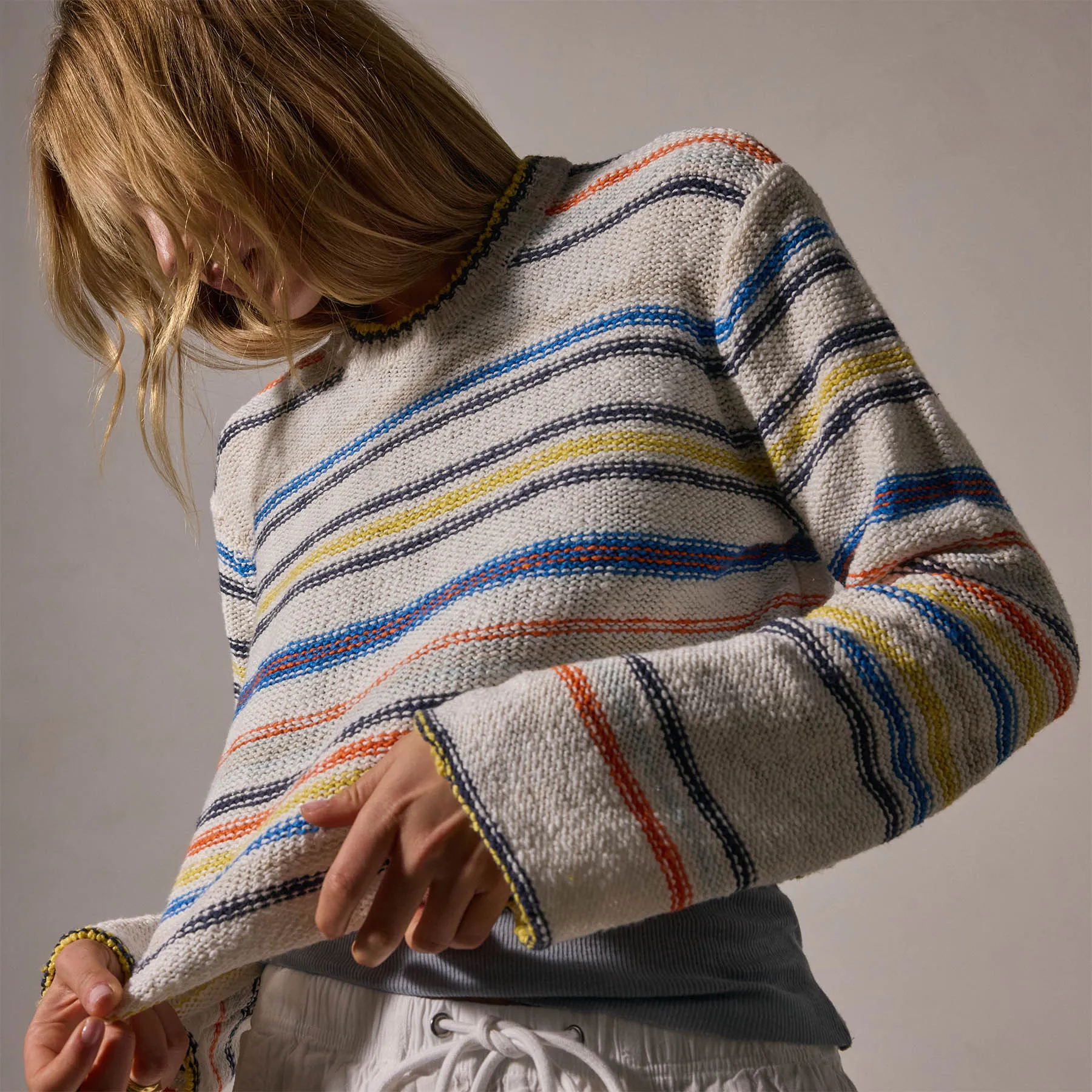 Cotton Linen Knit Stripe Sweater - Multi White sold by James Perse