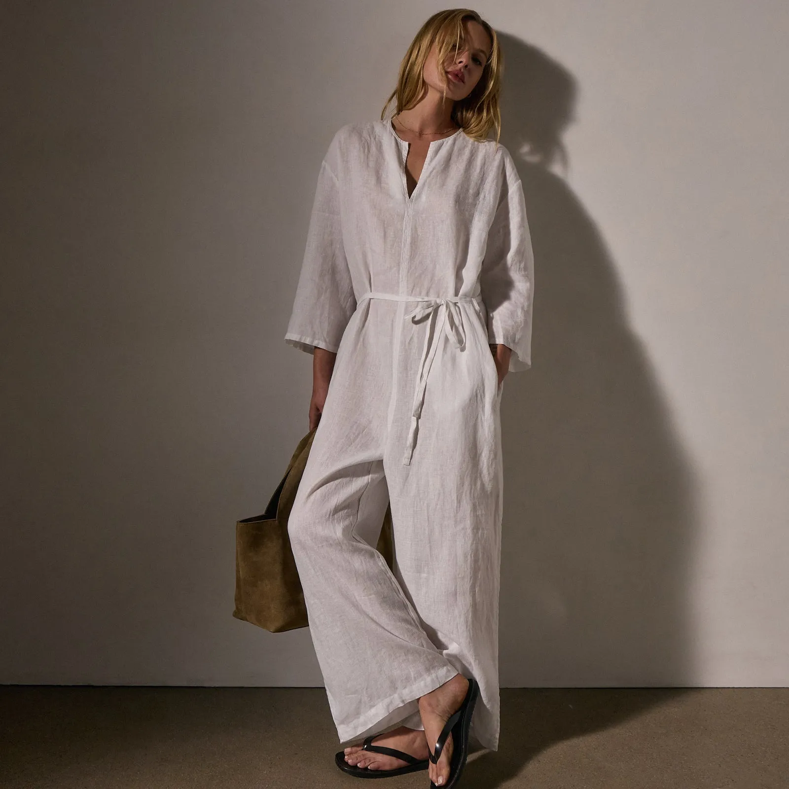 Belted Linen Jumpsuit - White sold by James Perse