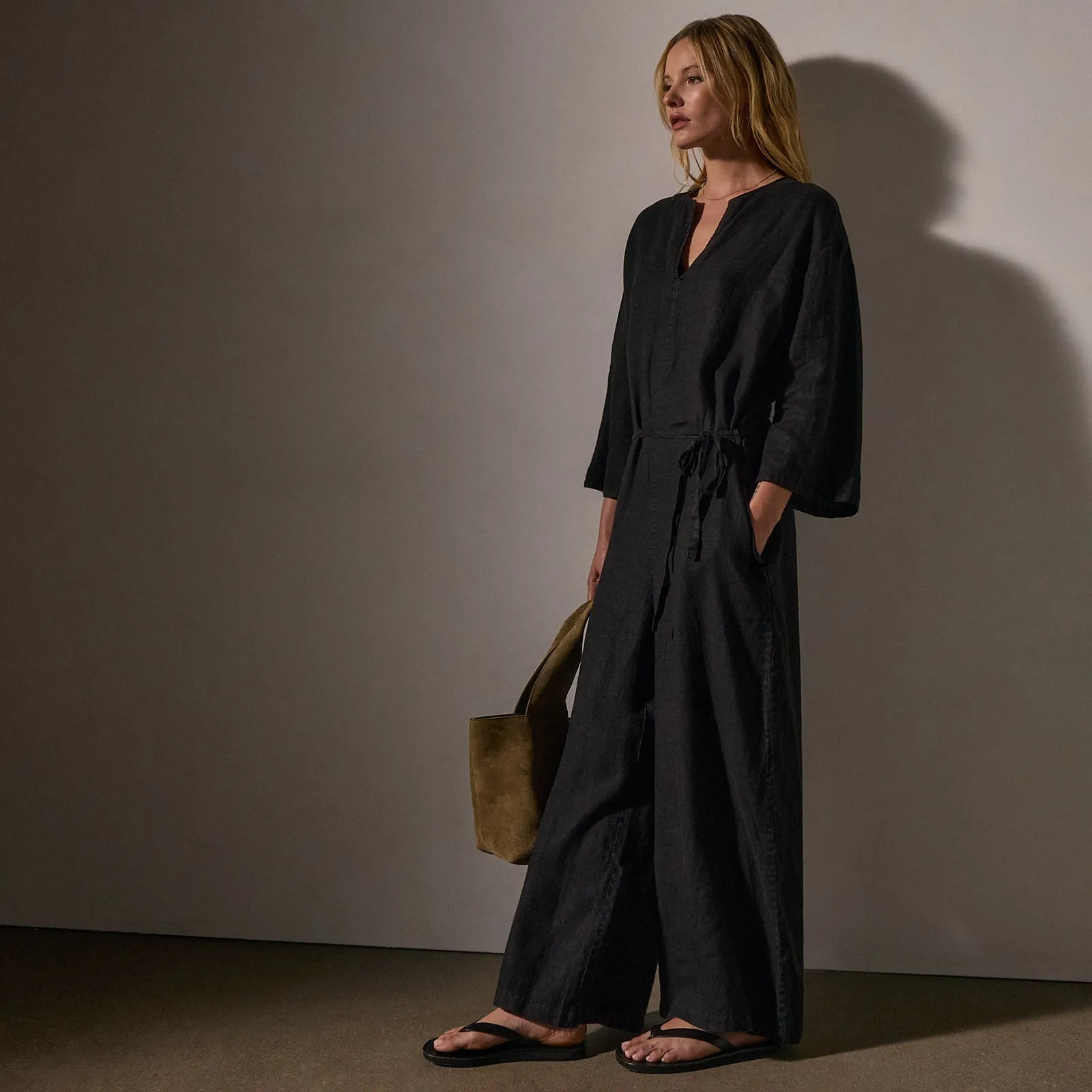 Belted Linen Jumpsuit - Black sold by James Perse