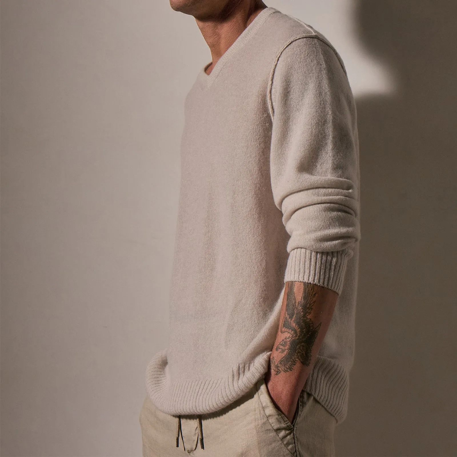 Soft Featherweight Cashmere V Neck - Tan sold by James Perse