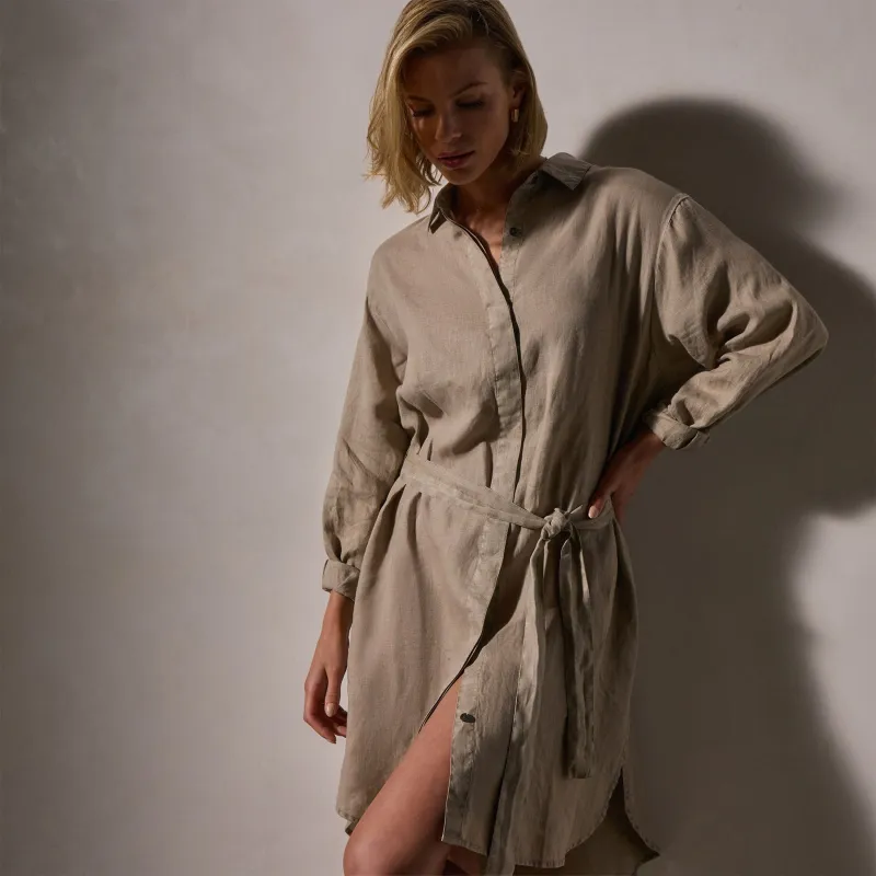 Linen Shirt Dress With Tie - Overcast Pigment sold by James Perse