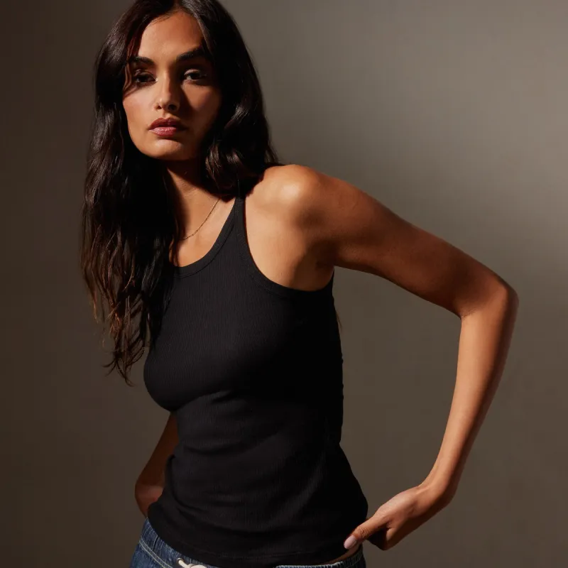 Ribbed High Neck Cami - Black sold by James Perse
