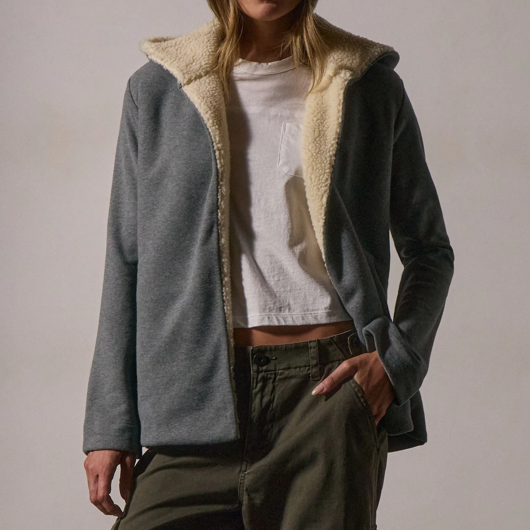 Sherpa Hooded Open Front Jacket - Heather Grey sold by James Perse