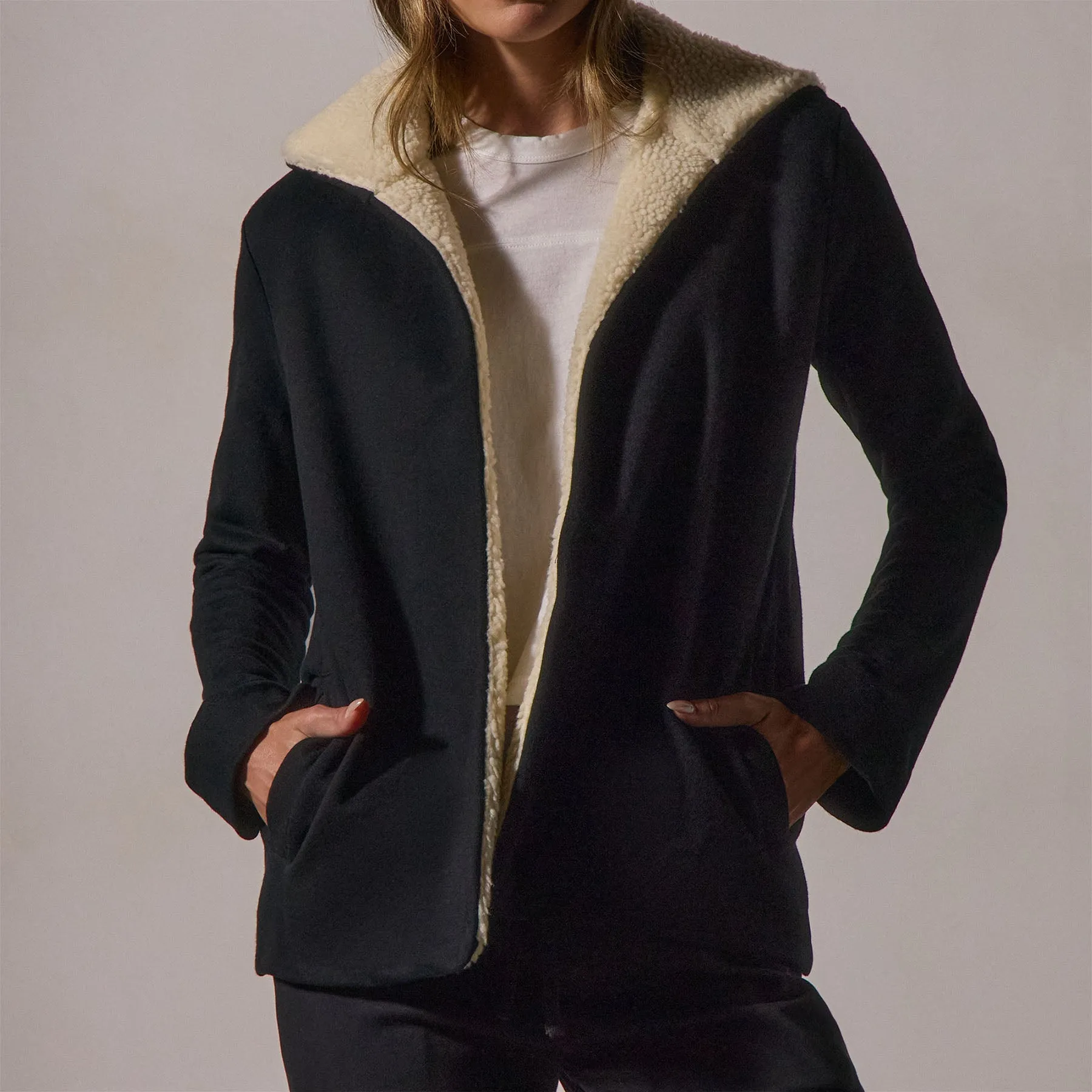 Sherpa Hooded Open Front Jacket - Black sold by James Perse