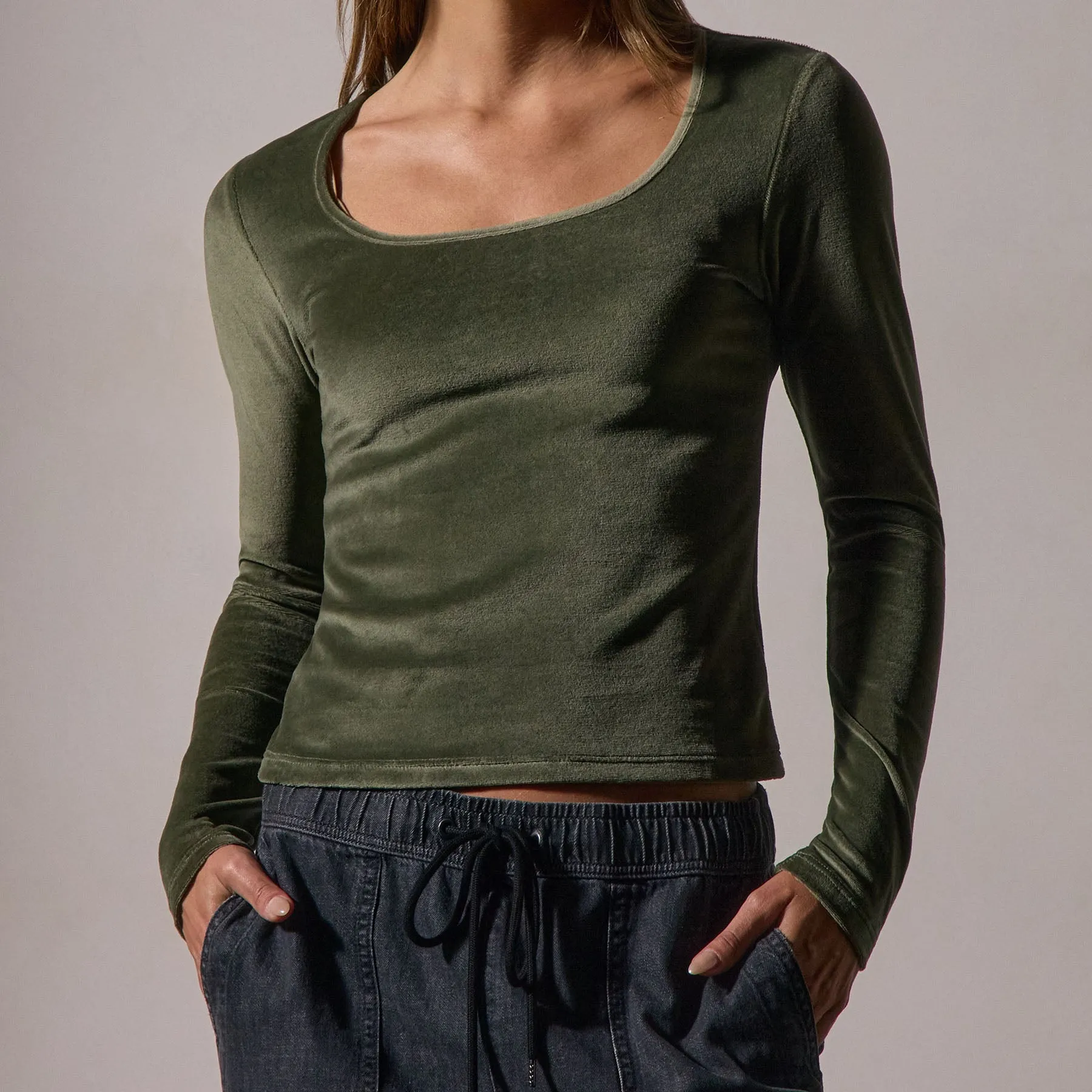 Square Neck Long Sleeve Velvet Top - Palm sold by James Perse