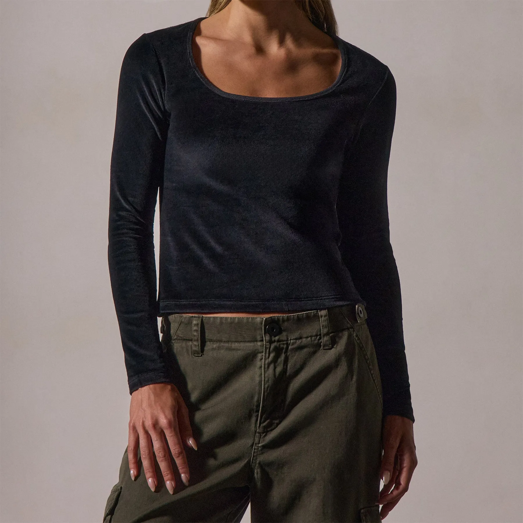 Square Neck Long Sleeve Velvet Top - Black sold by James Perse