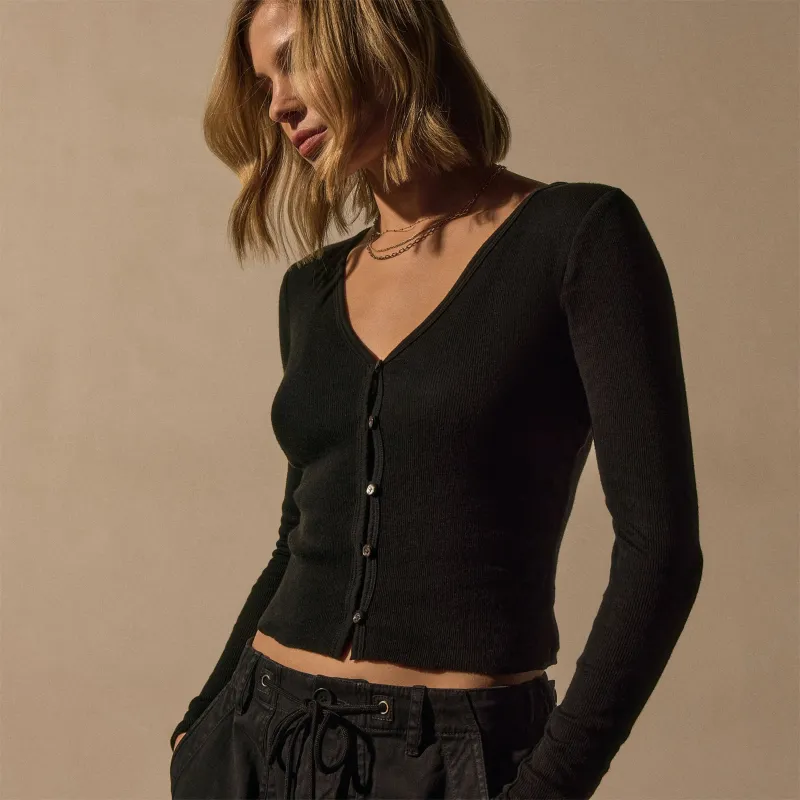 Cotton Cashmere Blend Ribbed Cardigan - Black sold by James Perse