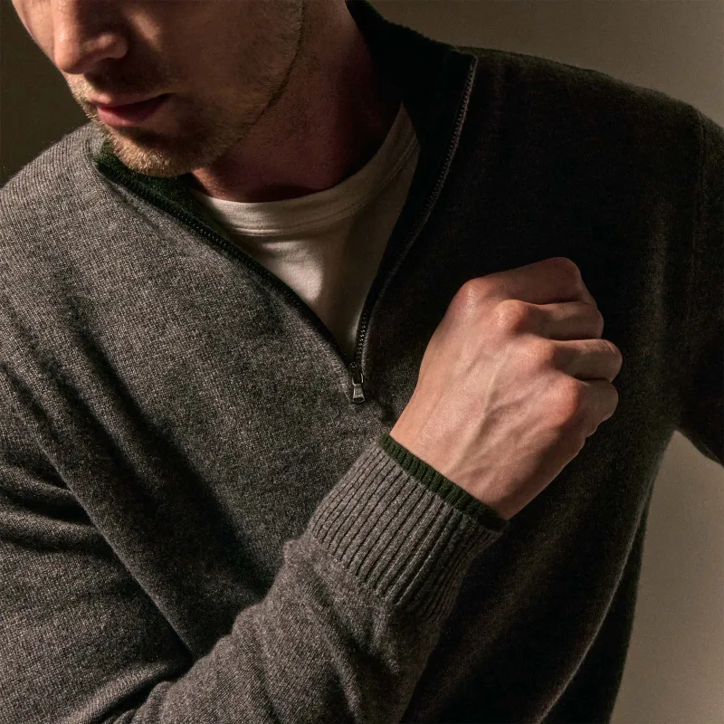 Half Zip Cashmere Funnel Neck - Mid Grey/Forest sold by James Perse