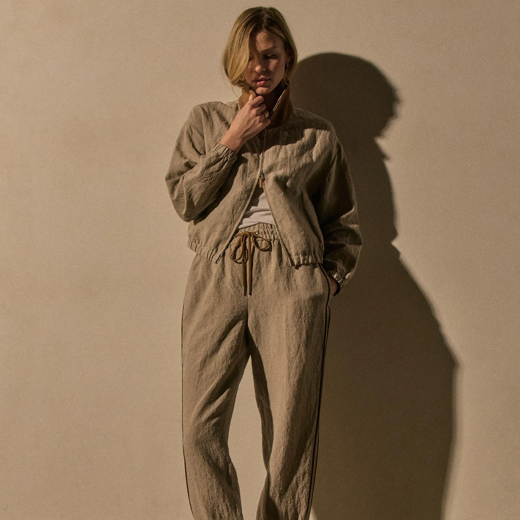 Linen Pant With Suede Piping - Natural/Tabacco sold by James Perse