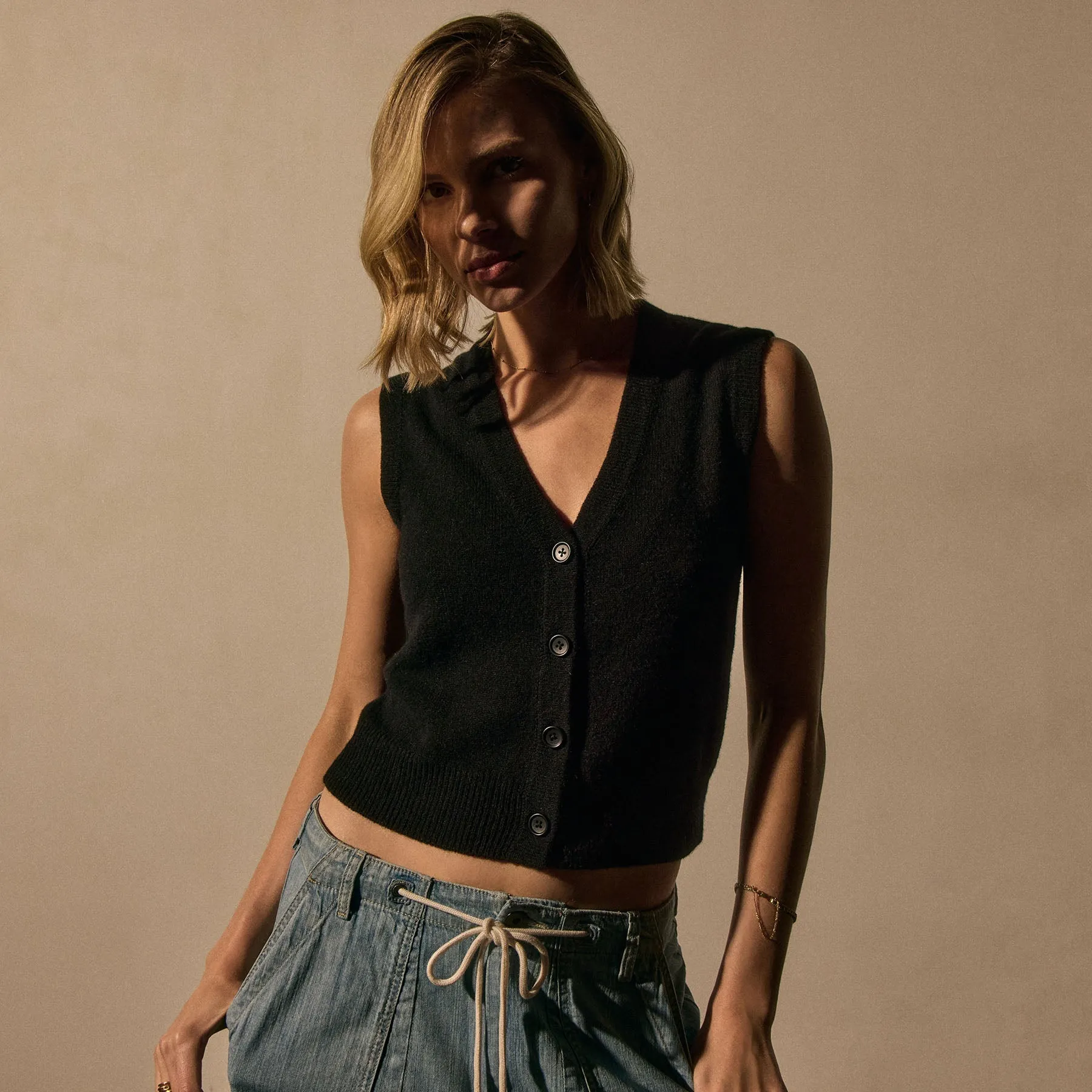 Soft Featherweight Cashmere Buttoned Vest - Black sold by James Perse product image thumbnail 2