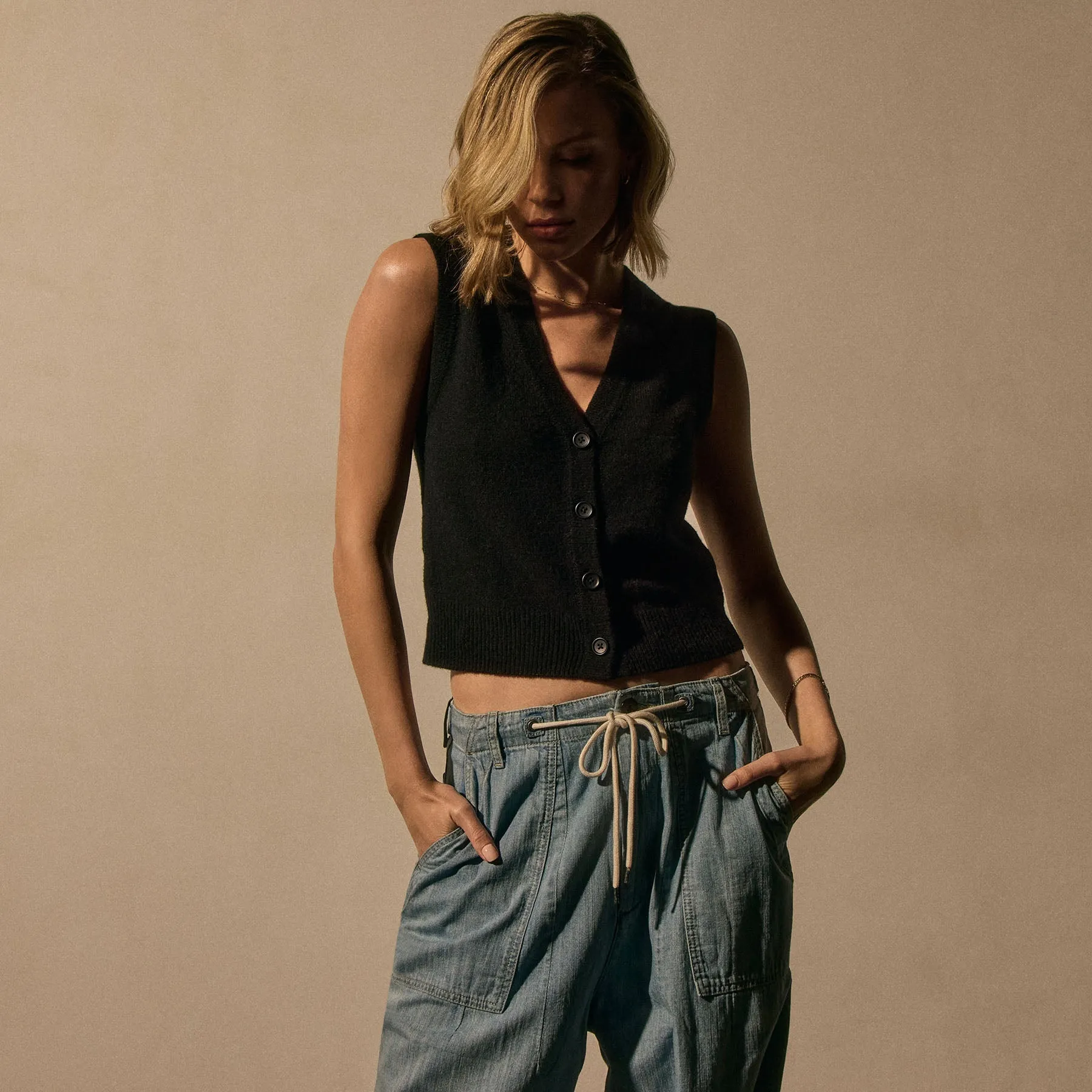 Soft Featherweight Cashmere Buttoned Vest - Black sold by James Perse