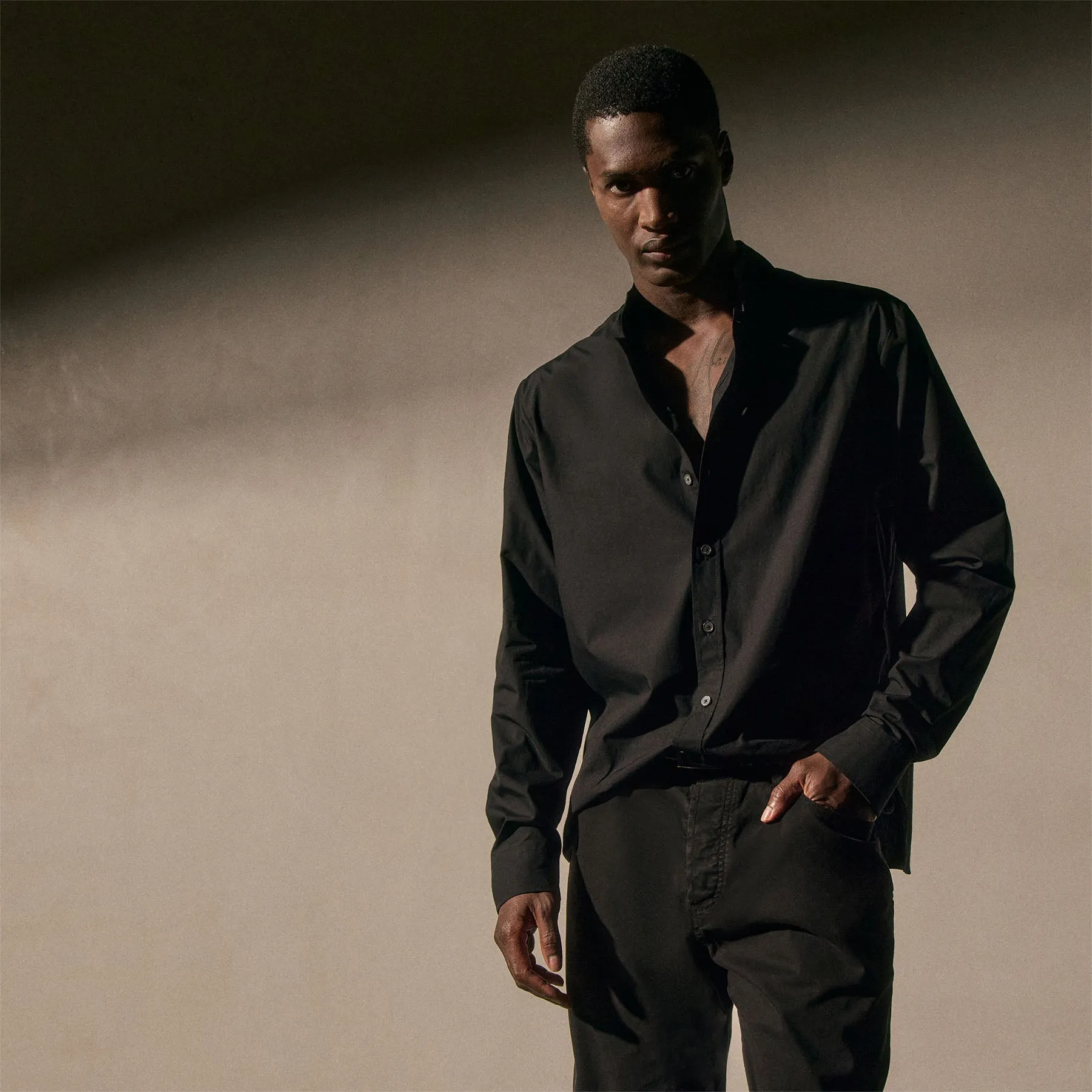 Poplin Collarless Shirt - Black sold by James Perse