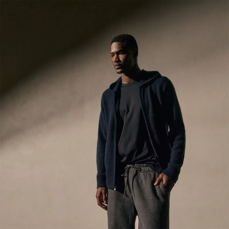 Lightweight Textured Cashmere Knit Zip Up Hoodie - Deep Navy sold by James Perse